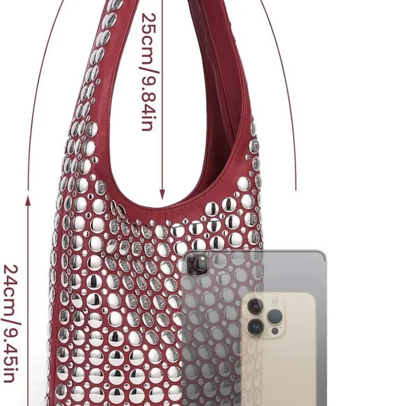 Vegan Leather Tote Bag Studded Purses for Women Y2K Purse Fall Hobo Bag Portugue - Picture 6 of 6